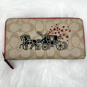 Coach Accordion Zip Wallet Signature Canvas With Horse & Carriage Hearts Motif